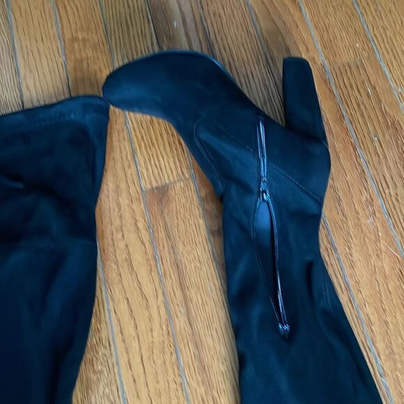 High heel Knee high solid black soft suede boots tie up autumn party block heels - Picture 6 of 13